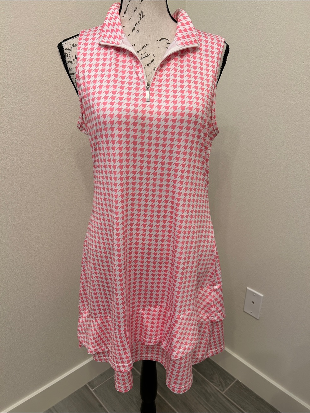 Sleeveless Pink and White Houndstooth 1/4 Zip Collar Sports Dress